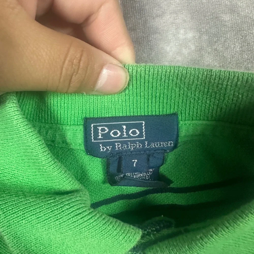 VTG‎ Polo Ralph Lauren Kids Size 7 Green Striped Short Sleeve Polo Orange Pony